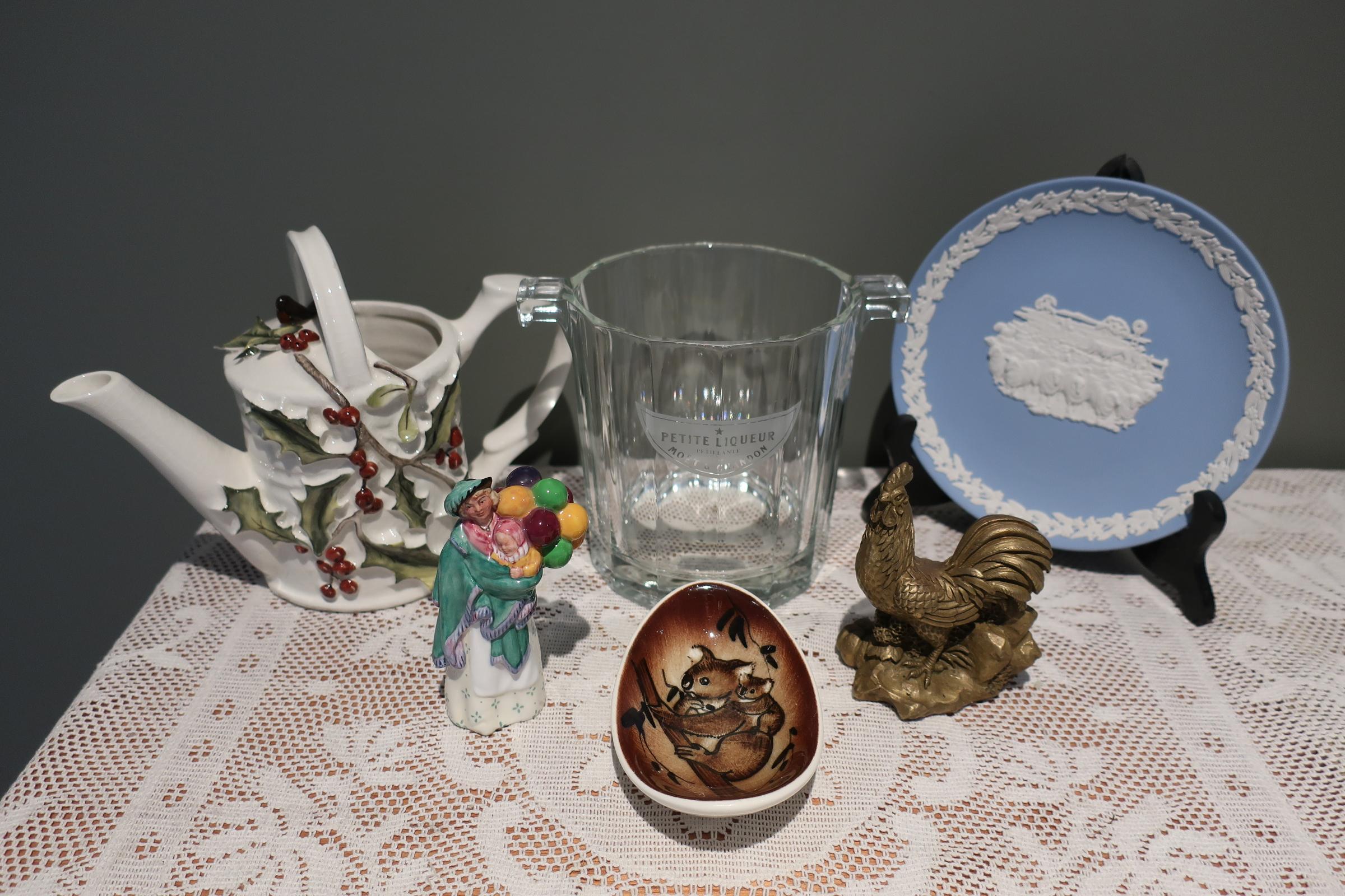 Sneak Peek For The Week – Italian Glass, Studio Anna Pottery, Solid Brass Figurine, Decorative Watering Can, Wedgwood Jasperware plate, Royal Doulton Miniature Figurine