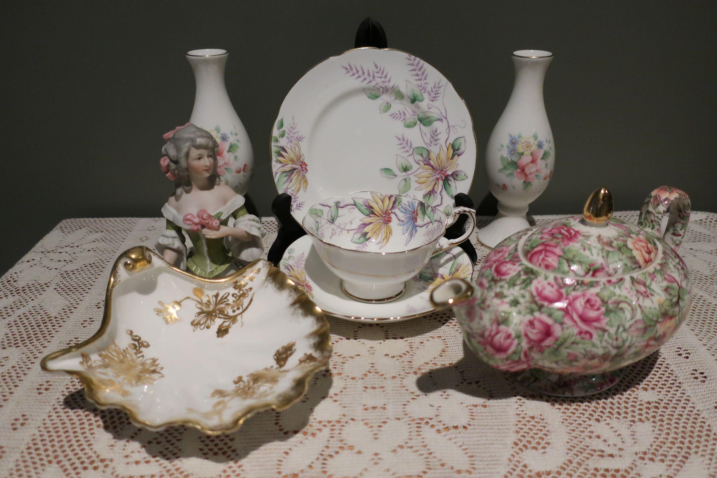Sneak Peek For The Week – Hammersley Golden Tansy, Antique German Half Doll, Rare Vintage Paragon Double Warrant Trio, Royal Doulton Matched Bud Vases, Sadler Chintz Teapot