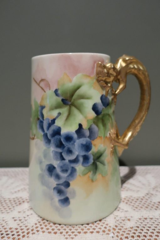 Antique American Willetts Belleek Hand Painted Large Tankard With Gilt Dragon Handle