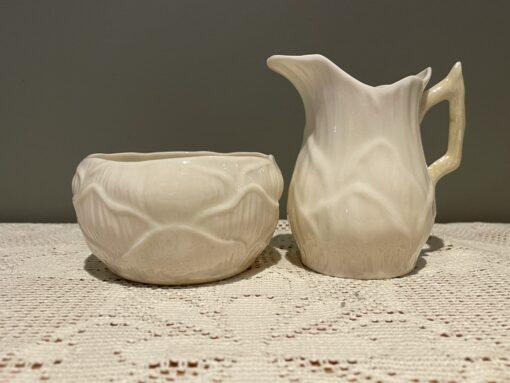 Vintage Belleek Irish Porcelain Sugar And Creamer - Lily Pattern - 6th Mark