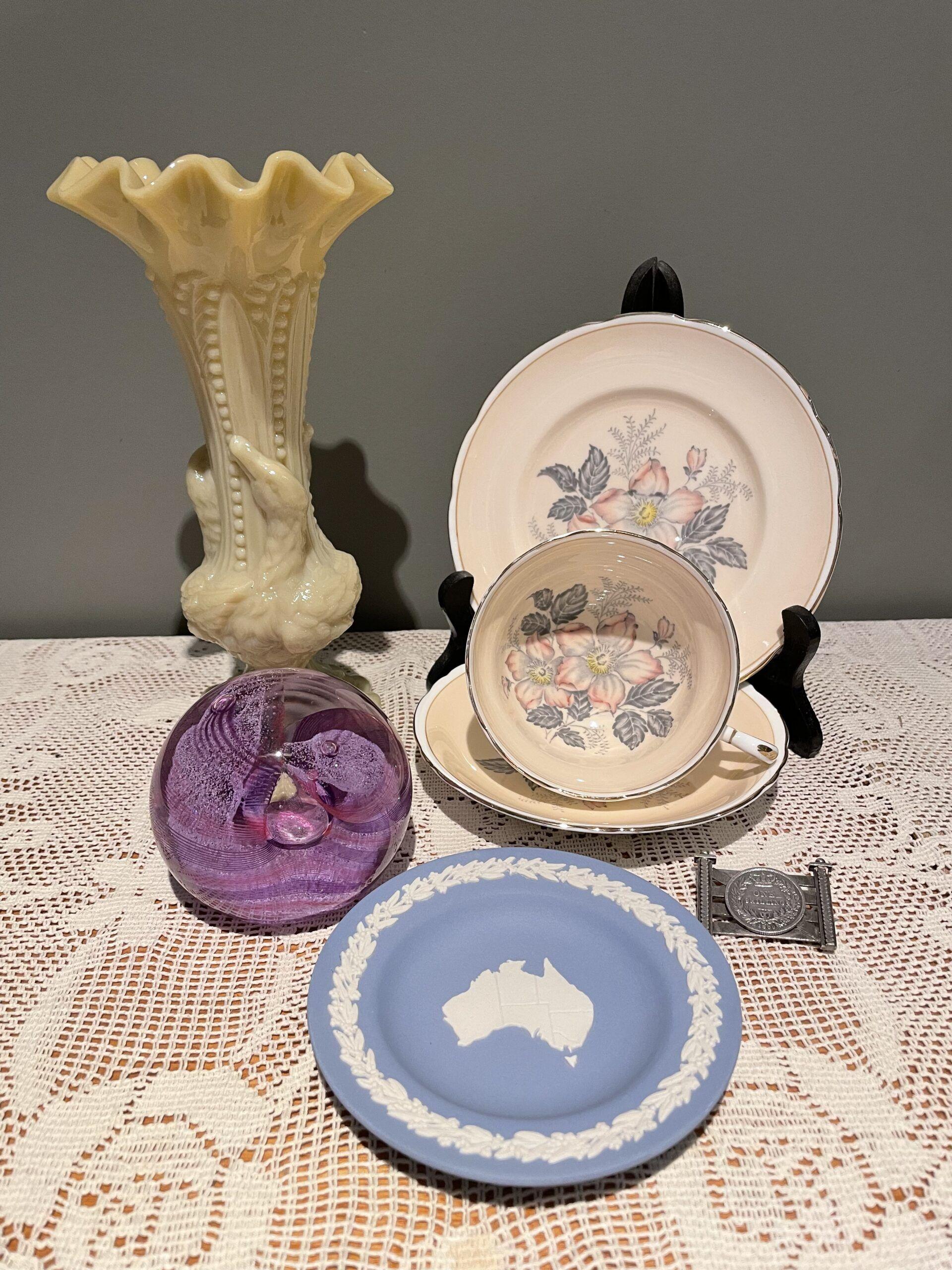 Sneak Peek For The Week – Wedgwood Jasperware, Victorian Silver jewelry, Antique French Glass, Scottish Glass, Paragon China