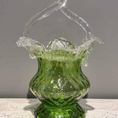 Stunning Victorian Hand Blown Green Glass Basket With Applied Petals To Rim