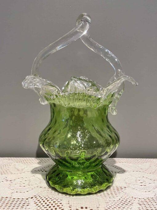 Stunning Victorian Hand Blown Green Glass Basket With Applied Petals To Rim