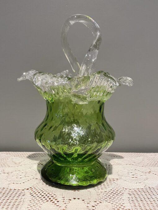 Stunning Victorian Hand Blown Green Glass Basket With Applied Petals To Rim - Image 2