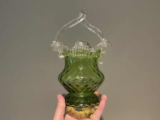 Stunning Victorian Hand Blown Green Glass Basket With Applied Petals To Rim - Image 3