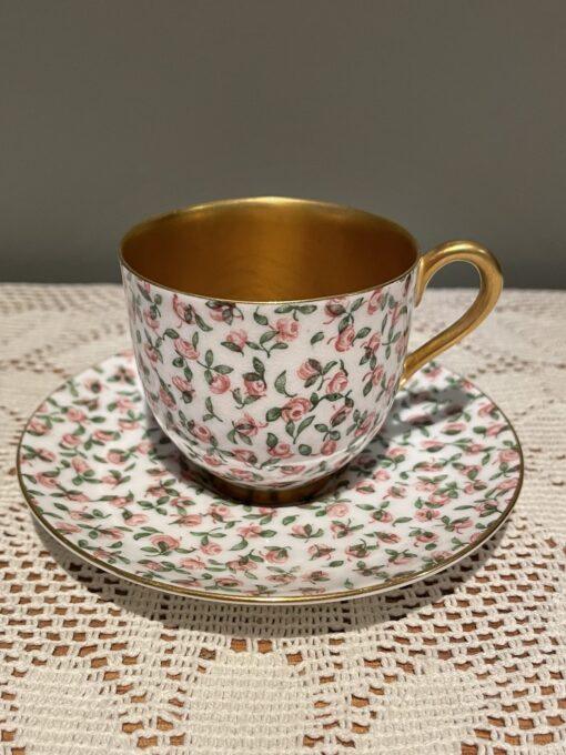 Antique Royal Worcester Rosebud Espresso Duo with Gilt Interior - 1913