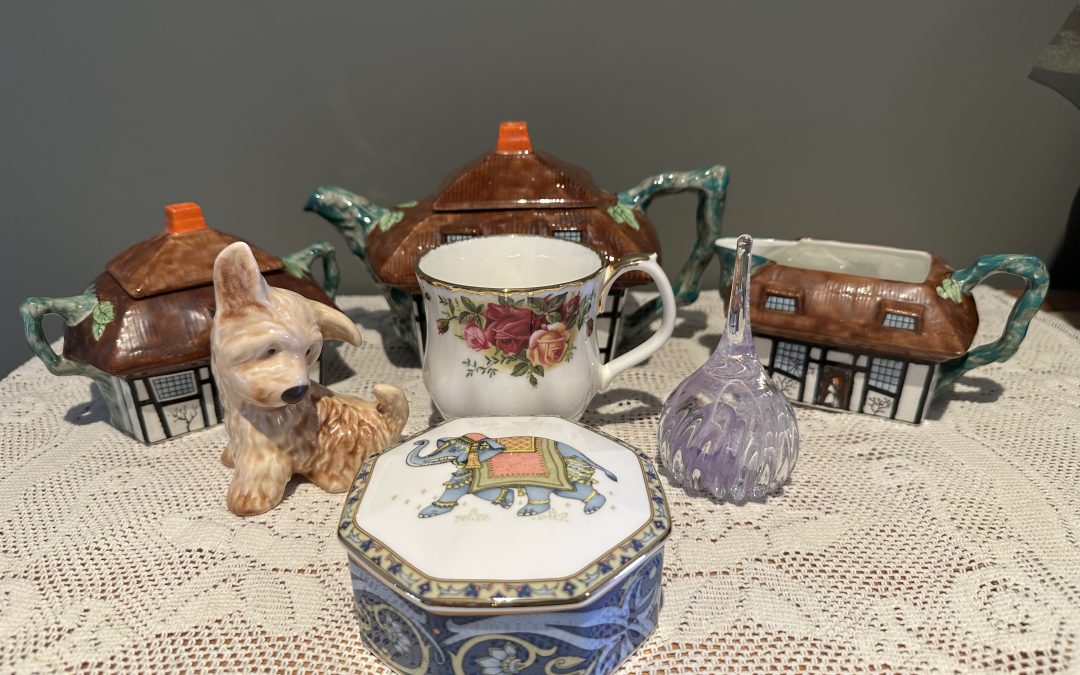 Sneak Peek For The Week – Sylvac Terrier, Wedgwood Blue Elephant, Royal Albert Old Country Roses, Caithness Paperweight, John Maddock Thatched Cottage Ware.