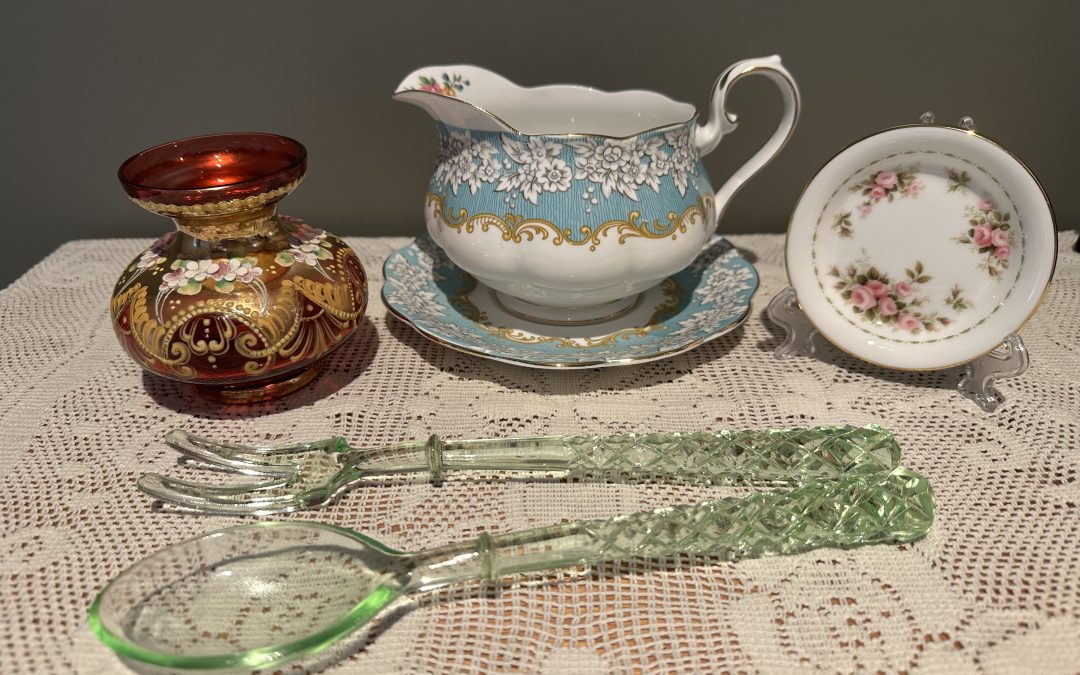 Sneak Peek For The Week – Uranium Glass, Royal Albert Gravy Boat With Under Plate, and Flower Of The Month Butter Pat / Pin Dish, Bohemian Ruby Glass Posy Vase