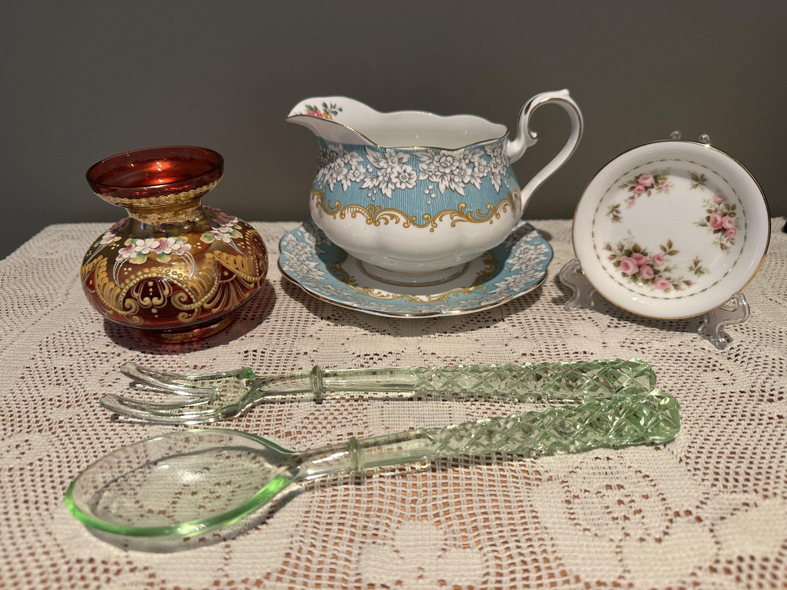 Sneak Peek For The Week – Uranium Glass, Royal Albert Gravy Boat With Under Plate, and Flower Of The Month Butter Pat / Pin Dish, Bohemian Ruby Glass Posy Vase