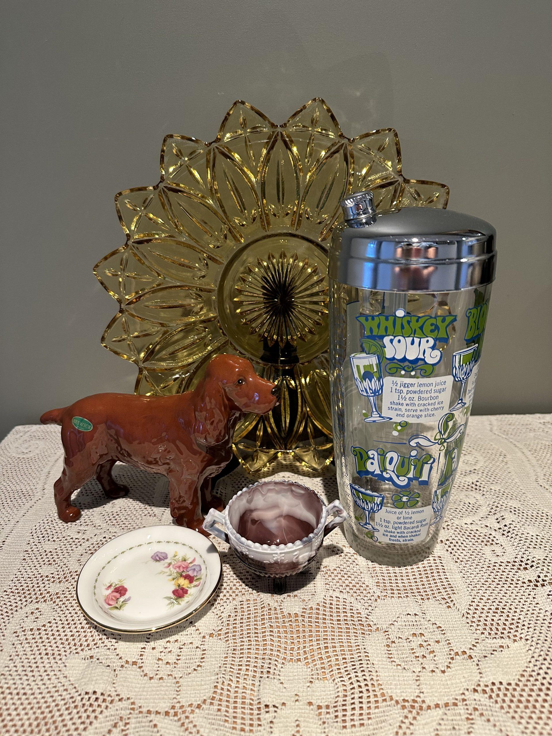 Sneak Peek For The Week – Retro Style Cocktail Shaker, Federal Glass Sunflower Plate, Beswick Cocker Spaniel Figurine, Sowerby Slag Glass Salt, Royal Albert Sweet Pea Trinket / Pin Dish