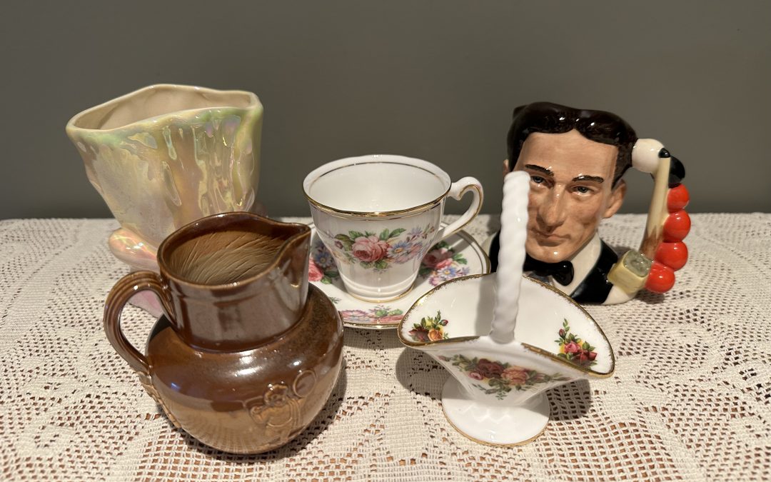 Sneak Peek For The Week – Royal Doulton Antique and contemporary jugs, Royal Albert trinket basket, Pates Australia small vase, Salisbury demitasse cup and saucer