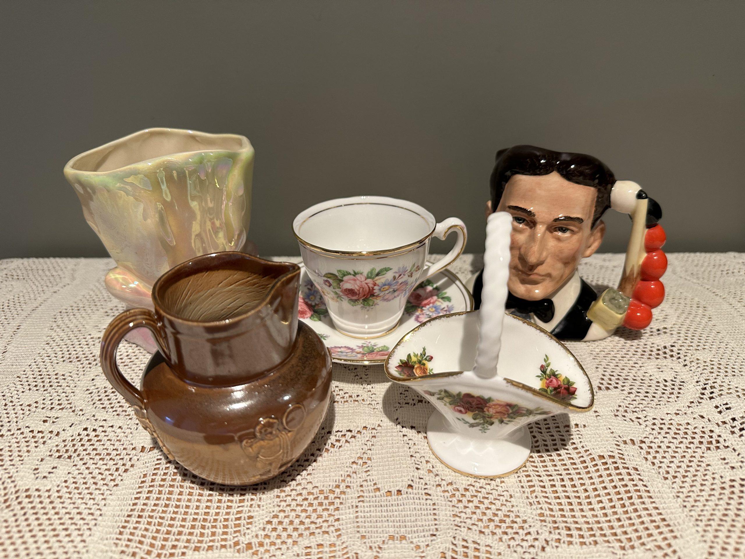 Sneak Peek For The Week – Royal Doulton Antique and contemporary jugs, Royal Albert trinket basket, Pates Australia small vase, Salisbury demitasse cup and saucer