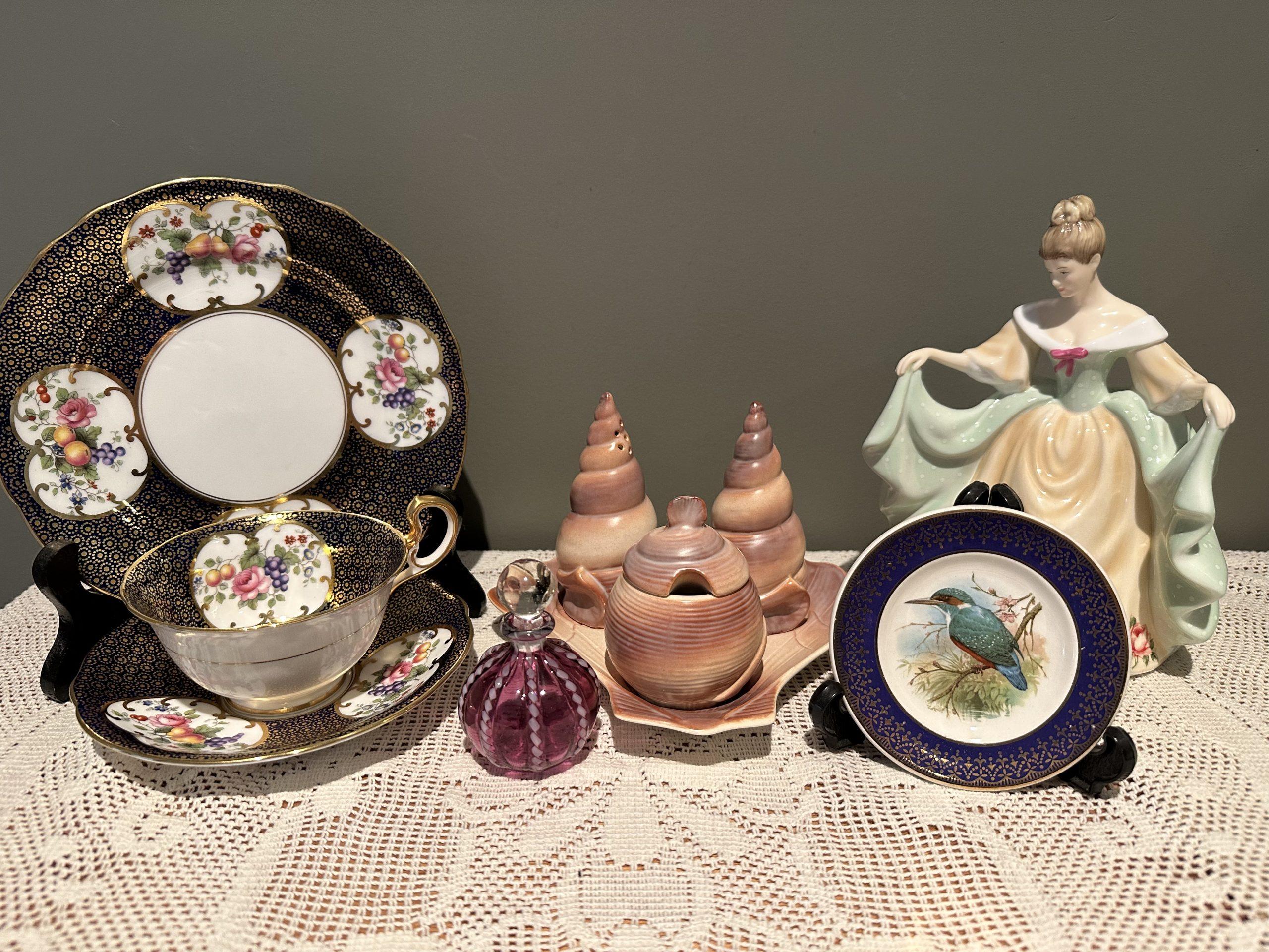Sneak Peek For The Week – Aynsley Heavily Gilt Trio, Carlton Ware Cruet Set, Royal Albert Figurine, Julio Santos Signed Perfume Bottle, Weatherby Kingfisher Mini Plate