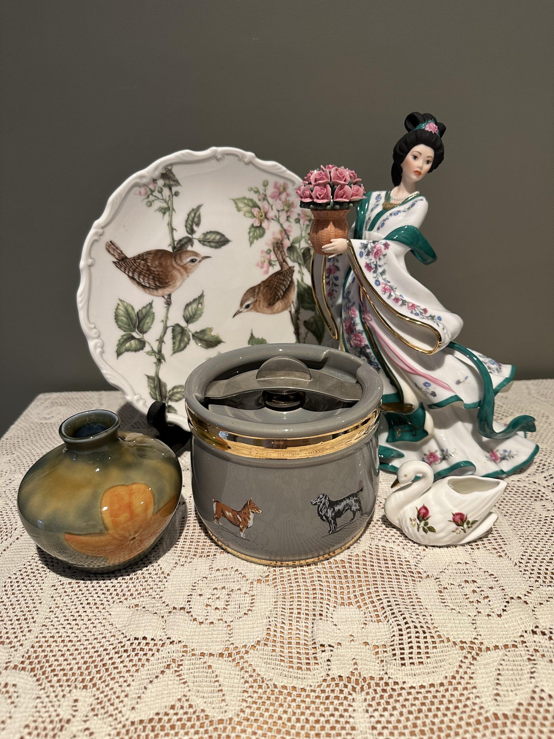 Sneak Peek For The Week – Fenton China Miniature Swan, Royal Doulton Tobacco Jar, Royal Albert Display Plate, Wade Mourne Series vase, Lena Liu Rose Princess Figurine
