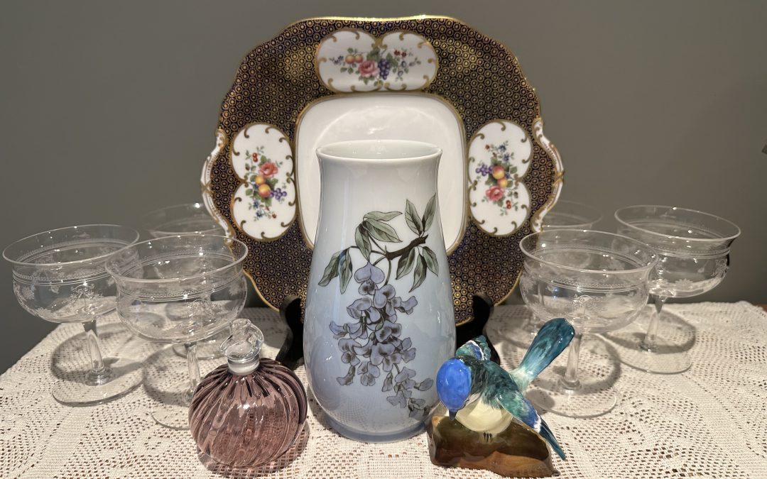 Sneak Peek For The Week – Bing And Grondahl Vase, Michael Hook Art Glass Perfume Bottle, Aynsley Cake Plate, Crown Staffordshire Bird Figurine, Stuart Crystal Vintage Water Goblets