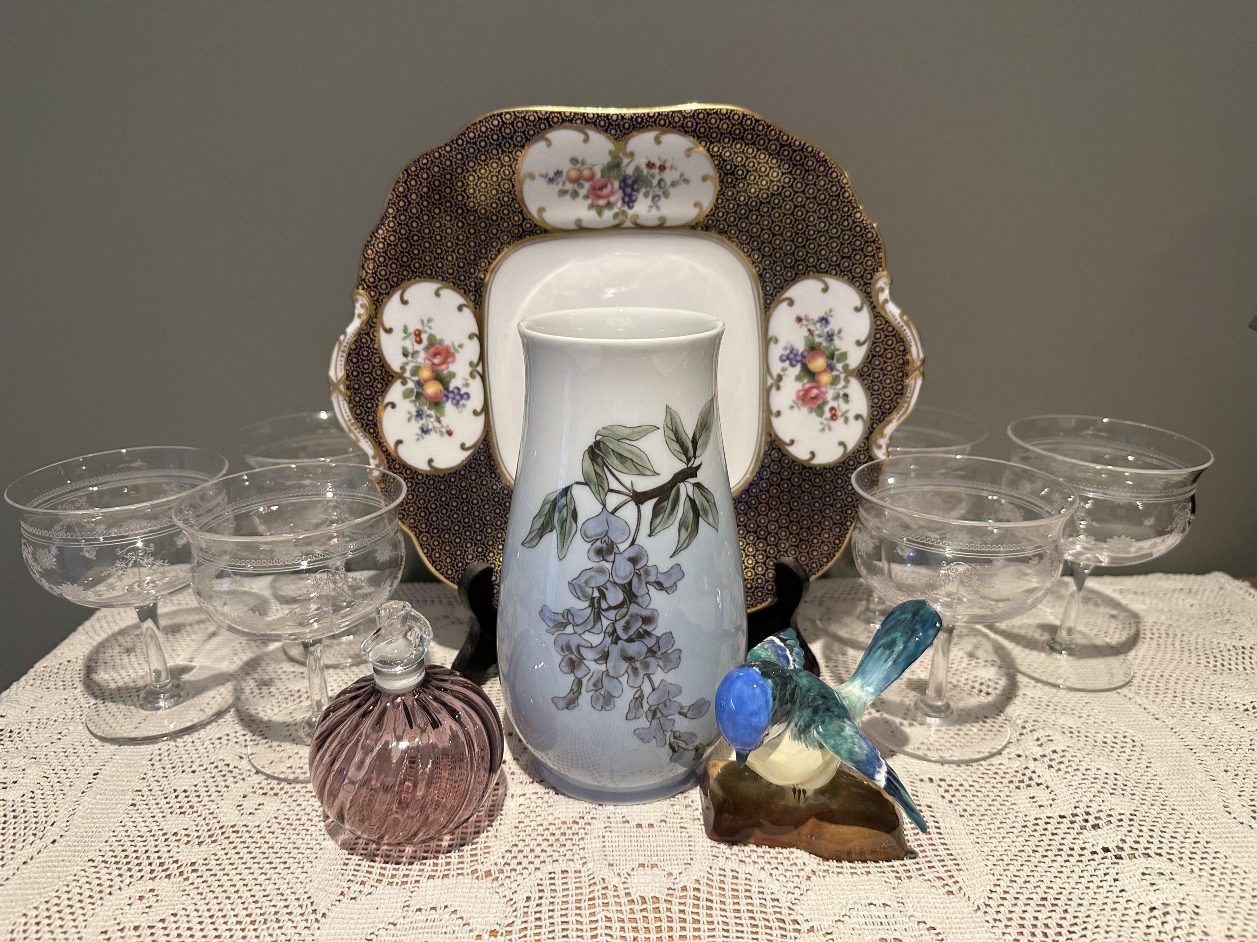 Sneak Peek For The Week – Bing And Grondahl Vase, Michael Hook Art Glass Perfume Bottle, Aynsley Cake Plate, Crown Staffordshire Bird Figurine, Stuart Crystal Vintage Water Goblets