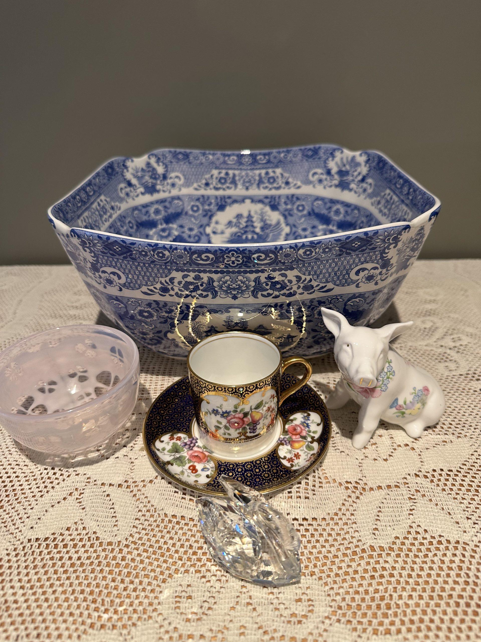Sneak Peek For The Week – Spode Limited Edition Bowl, Aynsley Figurine and Demitasse Sets, Swarovski Swan, Stunning Art glass Opalescent Bowl