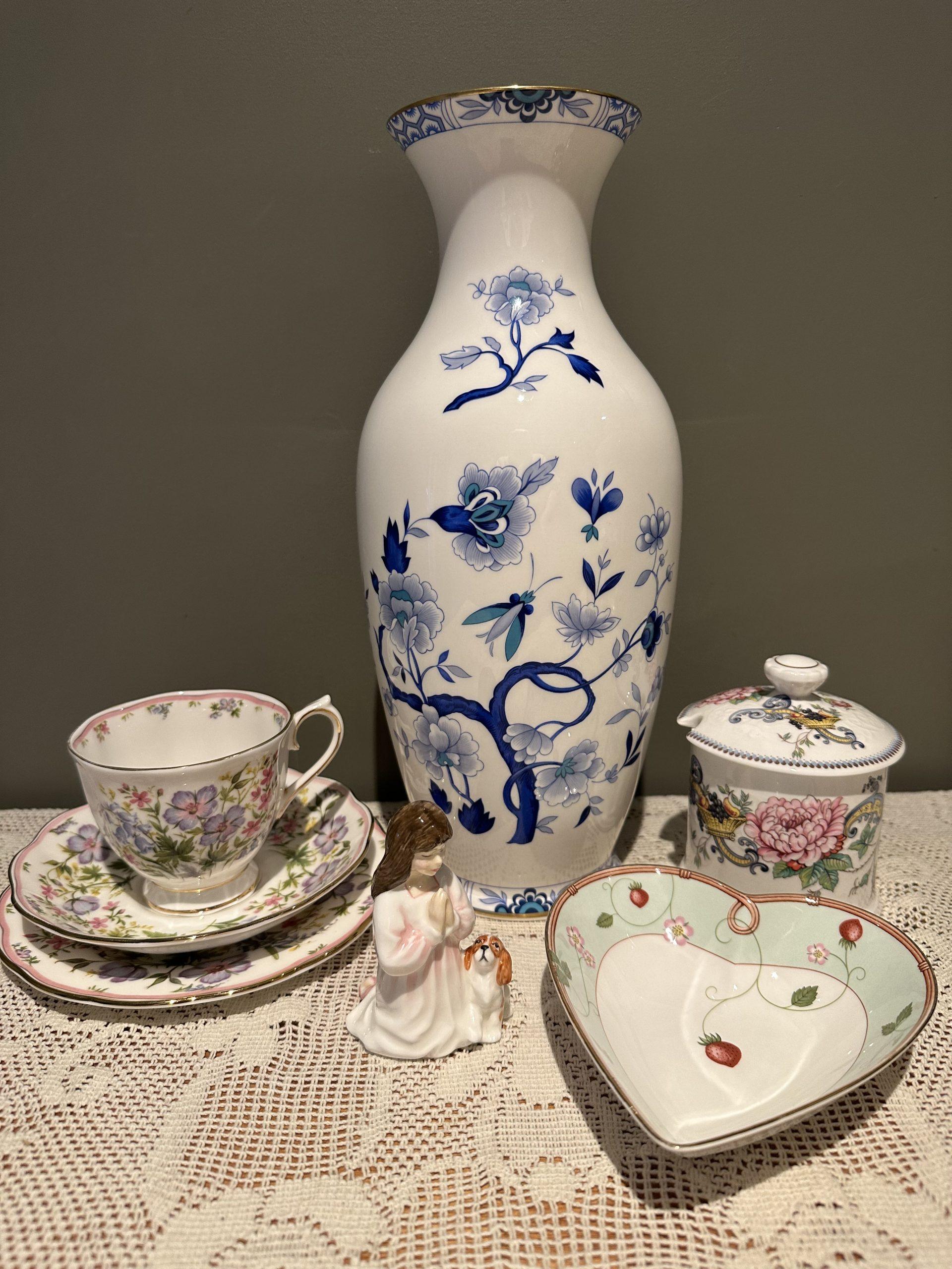 Sneak Peek For The Week – Wedgwood Wild Strawberry, Royal Doulton Mini Figurine, Royal Grafton Dynasty Vase, Crown Staffordshire Chelsea Manor Sugar Bowl, Royal Albert Hazy Shade Trio
