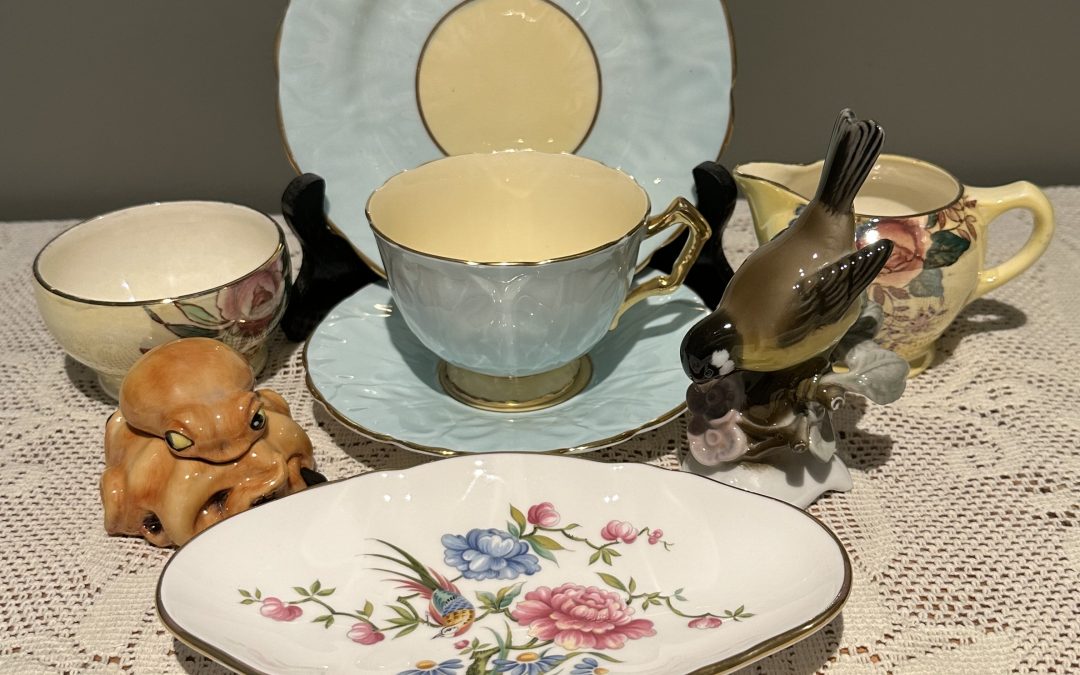 Sneak Peek For The week – Spode dish, Kevin Francis Face Pot Trinket Bowl, Rosenthal Figurine, Aynsley Crocus Trio, Maling Lustre Sugar And Creamer