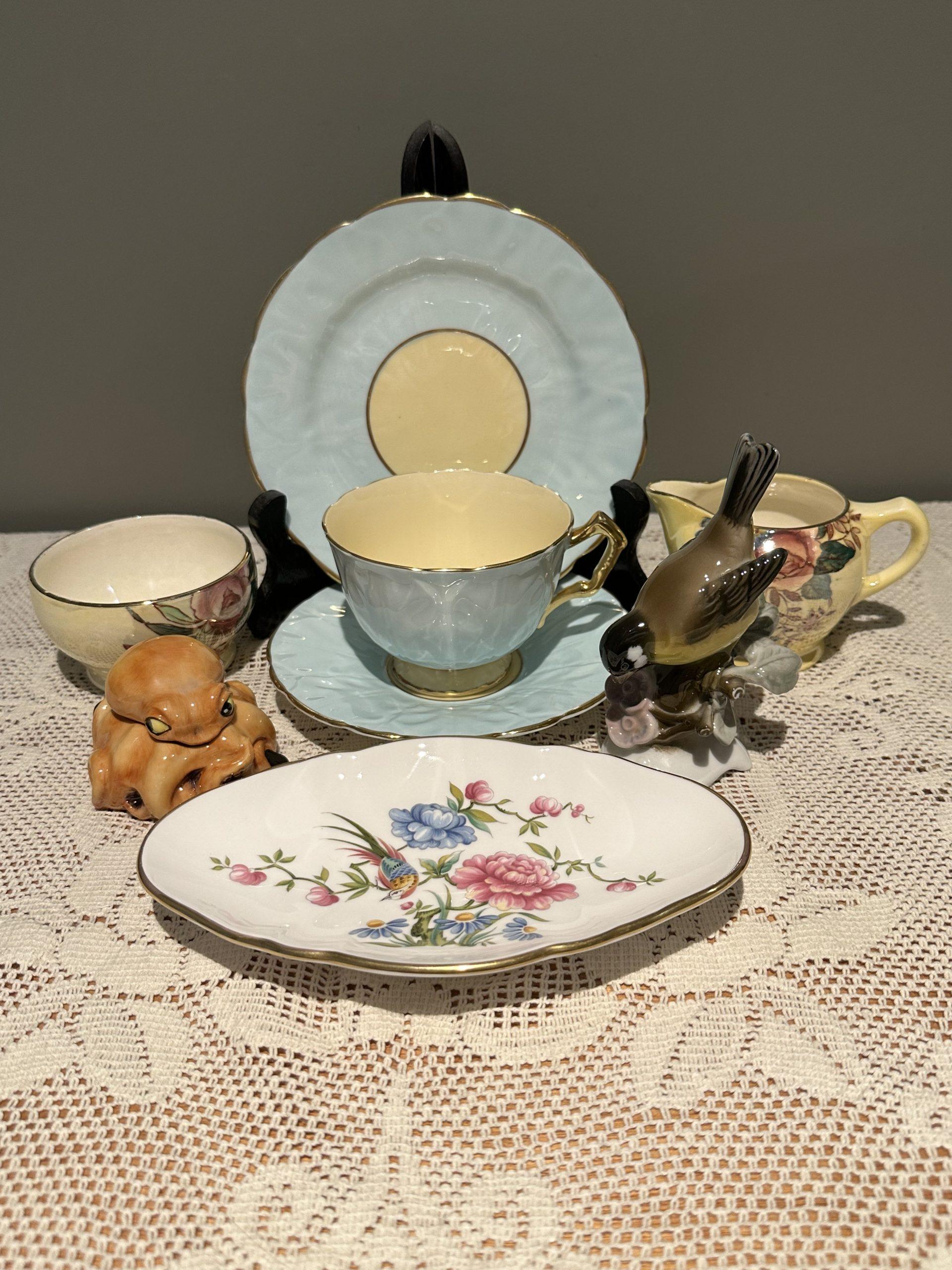 Sneak Peek For The week – Spode dish, Kevin Francis Face Pot Trinket Bowl, Rosenthal Figurine, Aynsley Crocus Trio, Maling Lustre Sugar And Creamer