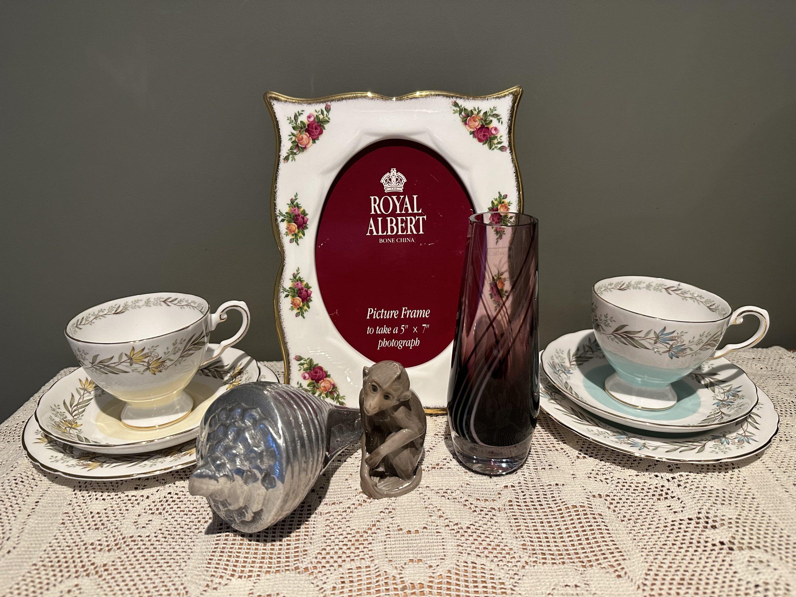 Sneak Peek For The Week – Cast Aluminium Shell, Royal Albert Photo Frame, Royal Tuscan Harlequin Trio’s, Bing And Grondahl Monkey Figurine, Caithness Vase