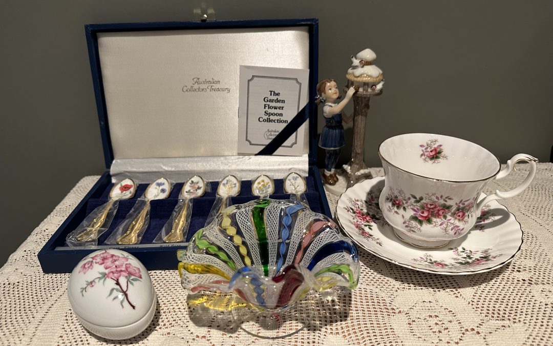 Sneak Peek For The Week – Royal Copenhagen Figurine, Royal Albert Breakfast Cup And Saucer, Murano Glass Latticino Bowl, Australian Treasury Wild Flower Teaspoons, Limoges Trinket Box