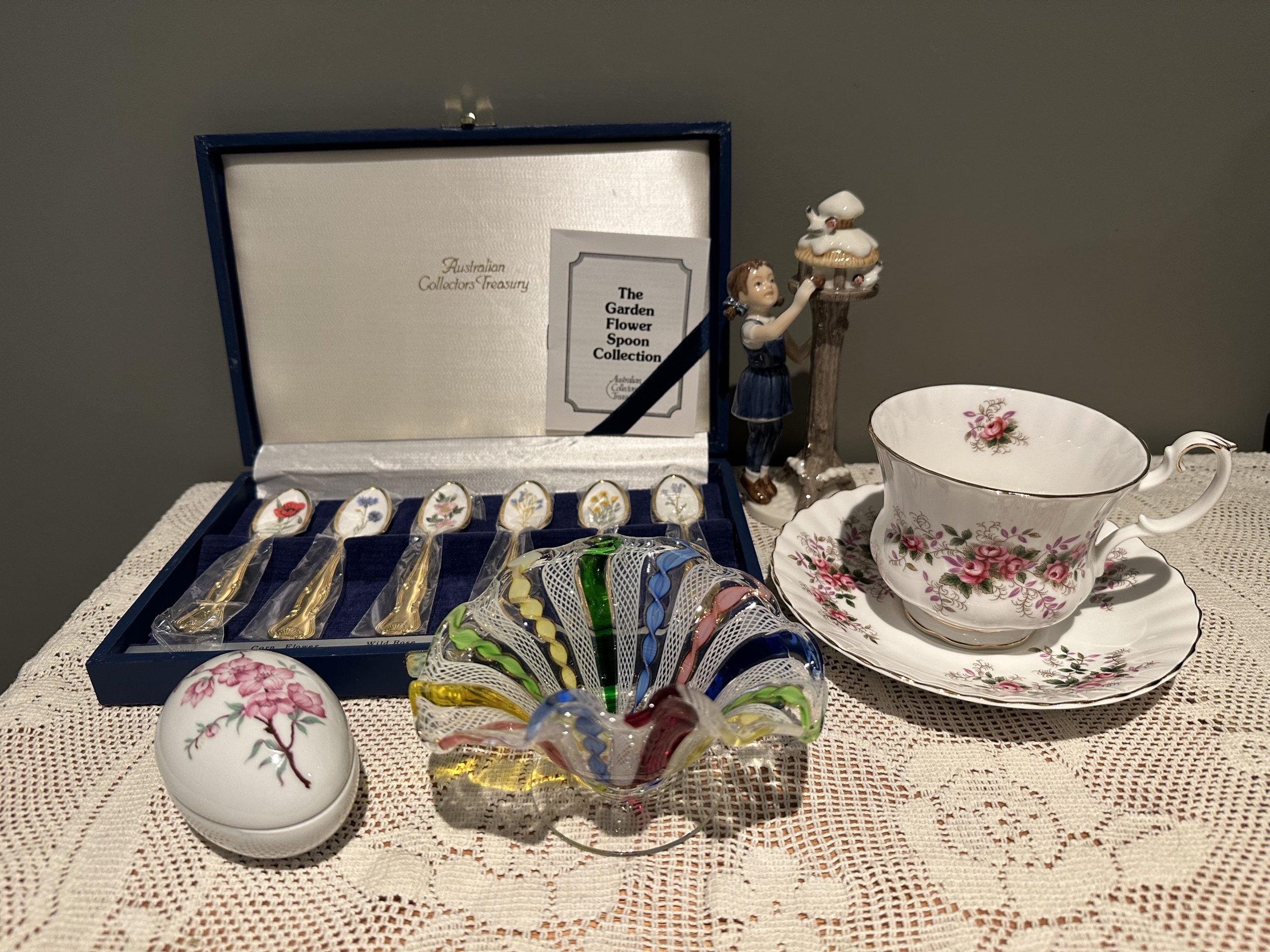 Sneak Peek For The Week – Royal Copenhagen Figurine, Royal Albert Breakfast Cup And Saucer, Murano Glass Latticino Bowl, Australian Treasury Wild Flower Teaspoons, Limoges Trinket Box