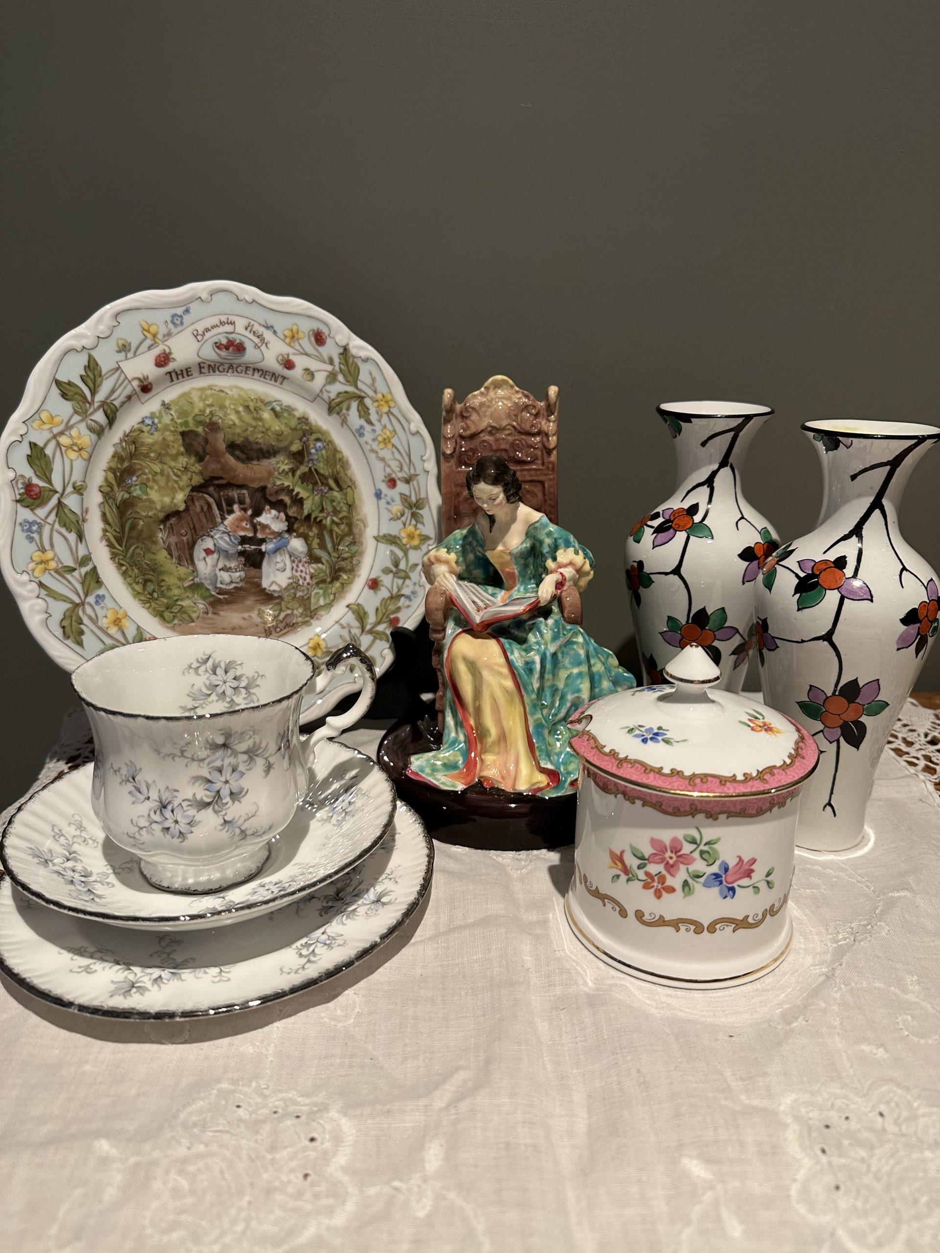 Sneak Peek For The Week – Royal Doulton Figurine, Paragon Trio, Shelley Vases, Crown Staffordshire Condiment Pot, Brambly Hedge Plate