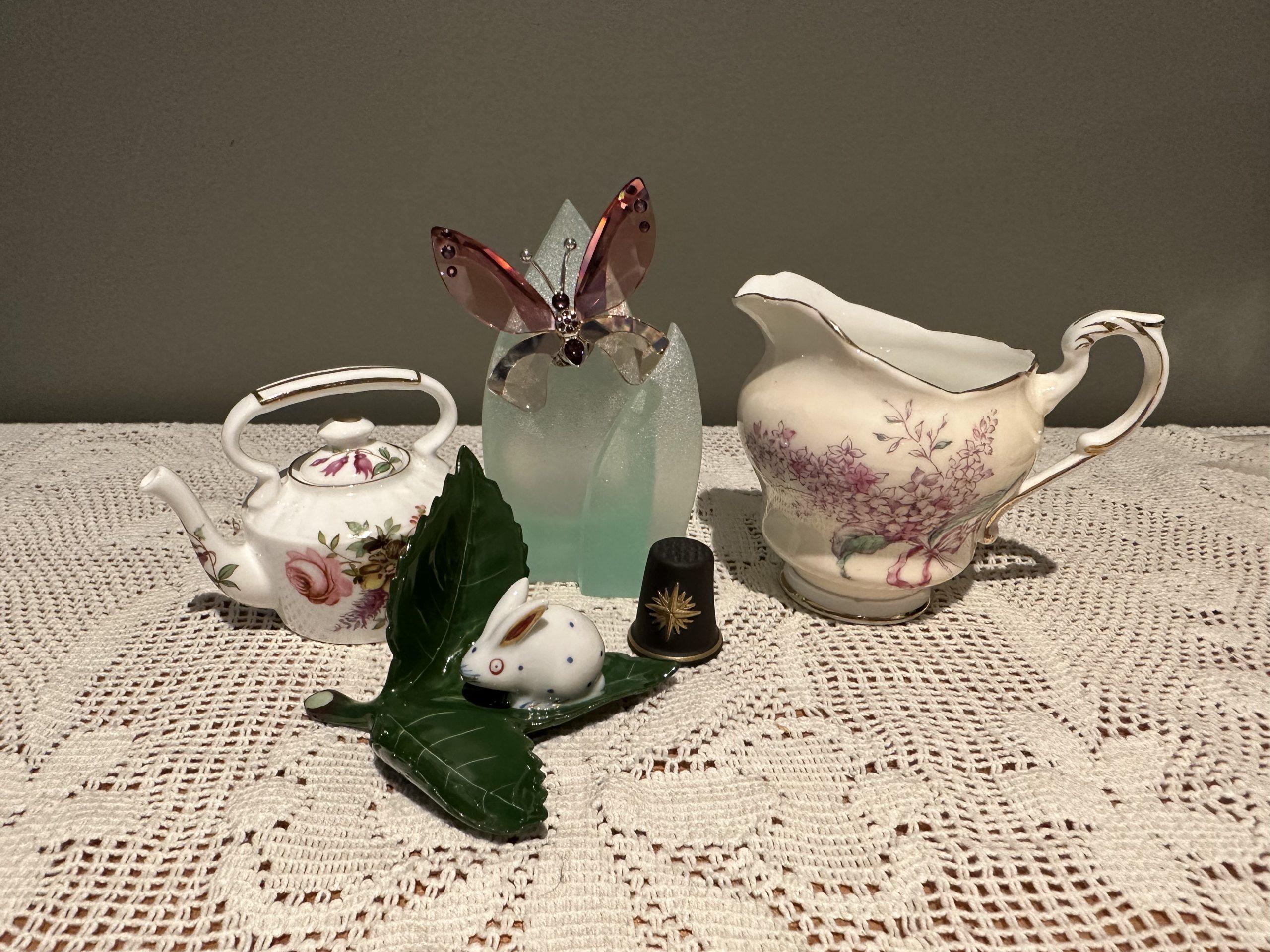 Sneak Peek For The Week – Swarovski Butterfly Figurine, Herend Bunny Place Card Holder, Wedgwood Christmas Thimble, Rare Paragon Lilac Creamer, Hammersley Miniature Teapot