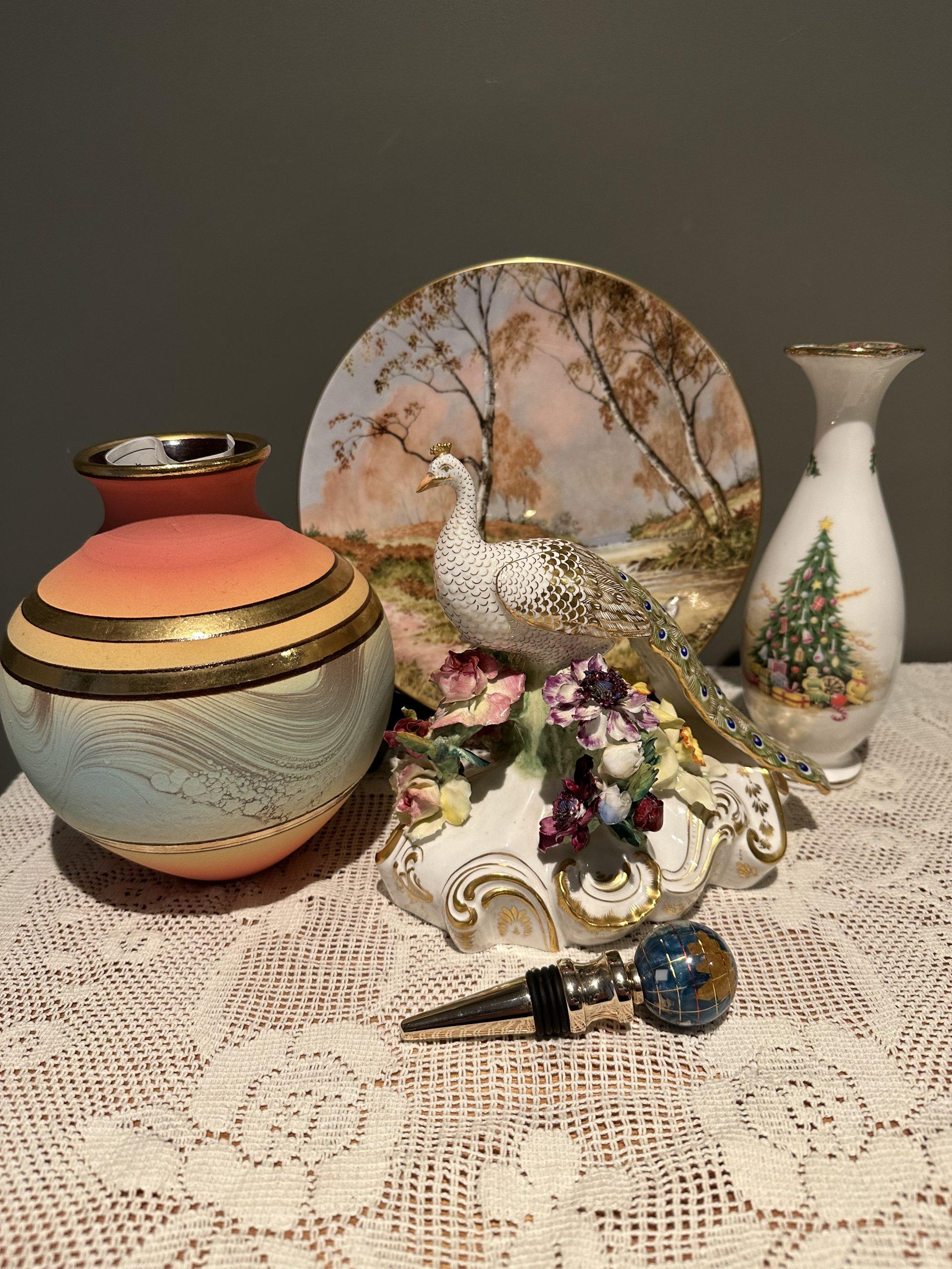 Sneak Peek For The Week – Royal Doulton Stunning Cabinet Plate, Royal Albert Xmas Vase, Trevor Pitt Sandstone Pottery Vase, Royal Crown Derby Heavily Gilt Peacock Porcelain Figurine, Alexander Kalifano Gemstone Globe Wine Bottle Stopper
