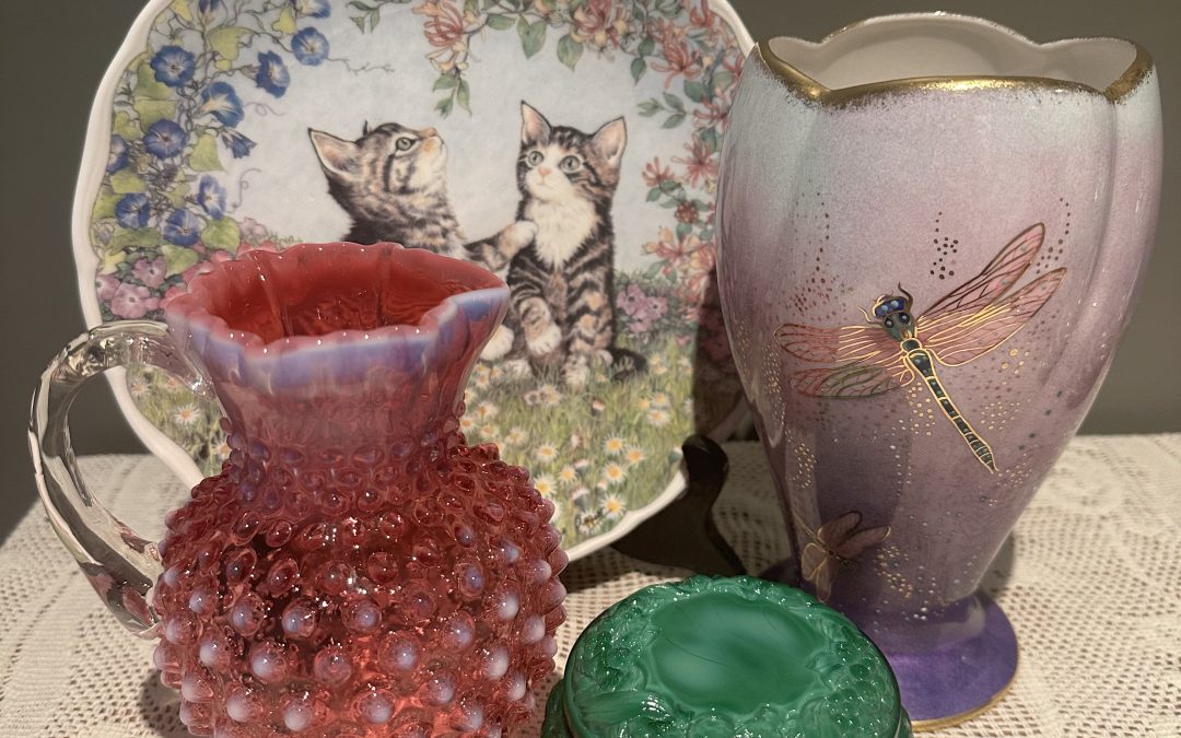 Sneak Peek For The Week – Carton Ware Rare Vase, Fenton Cranberry Opalescent Jug, Malachite Glass Trinket Bowl, Royal Albert Display Plate