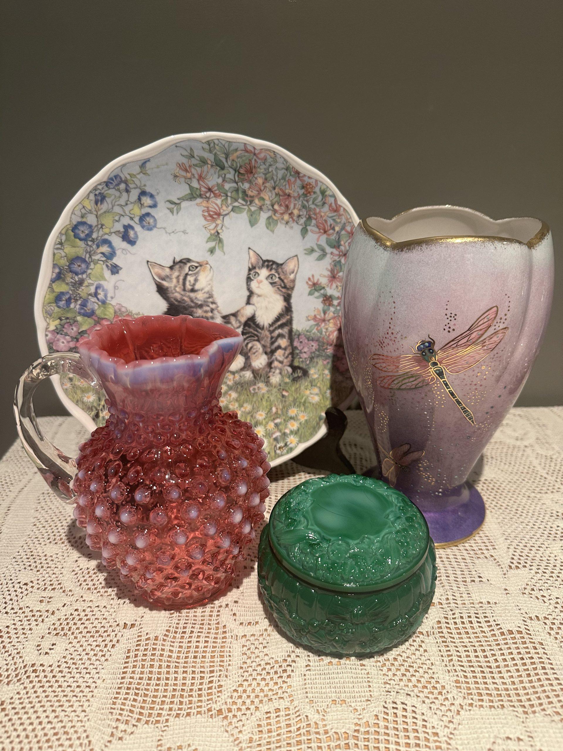 Sneak Peek For The Week – Carton Ware Rare Vase, Fenton Cranberry Opalescent Jug, Malachite Glass Trinket Bowl, Royal Albert Display Plate