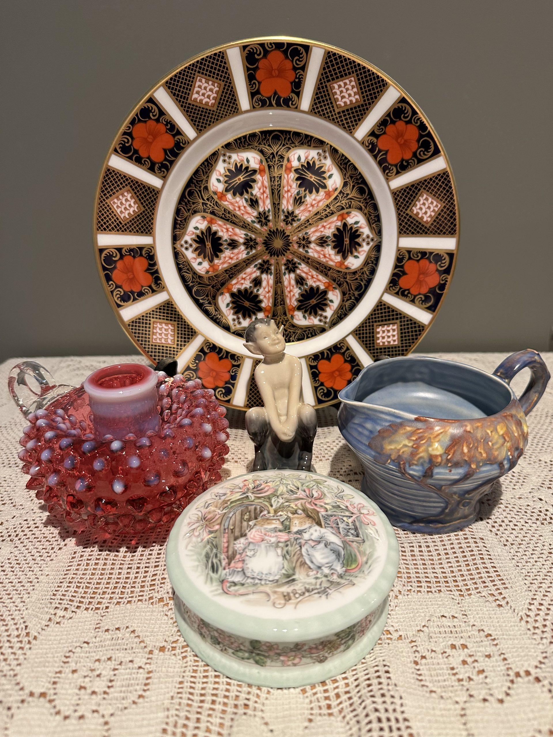 Sneak Peek For The Week – Royal Crown Derby Old Imari Plate, Fenton Cranberry Opalescent Candle Holder, Carlton Ware Night Oak Creamer, Royal Doulton Brambly Hedge Trinket Box, Royal Copenhagen Faun Figurine