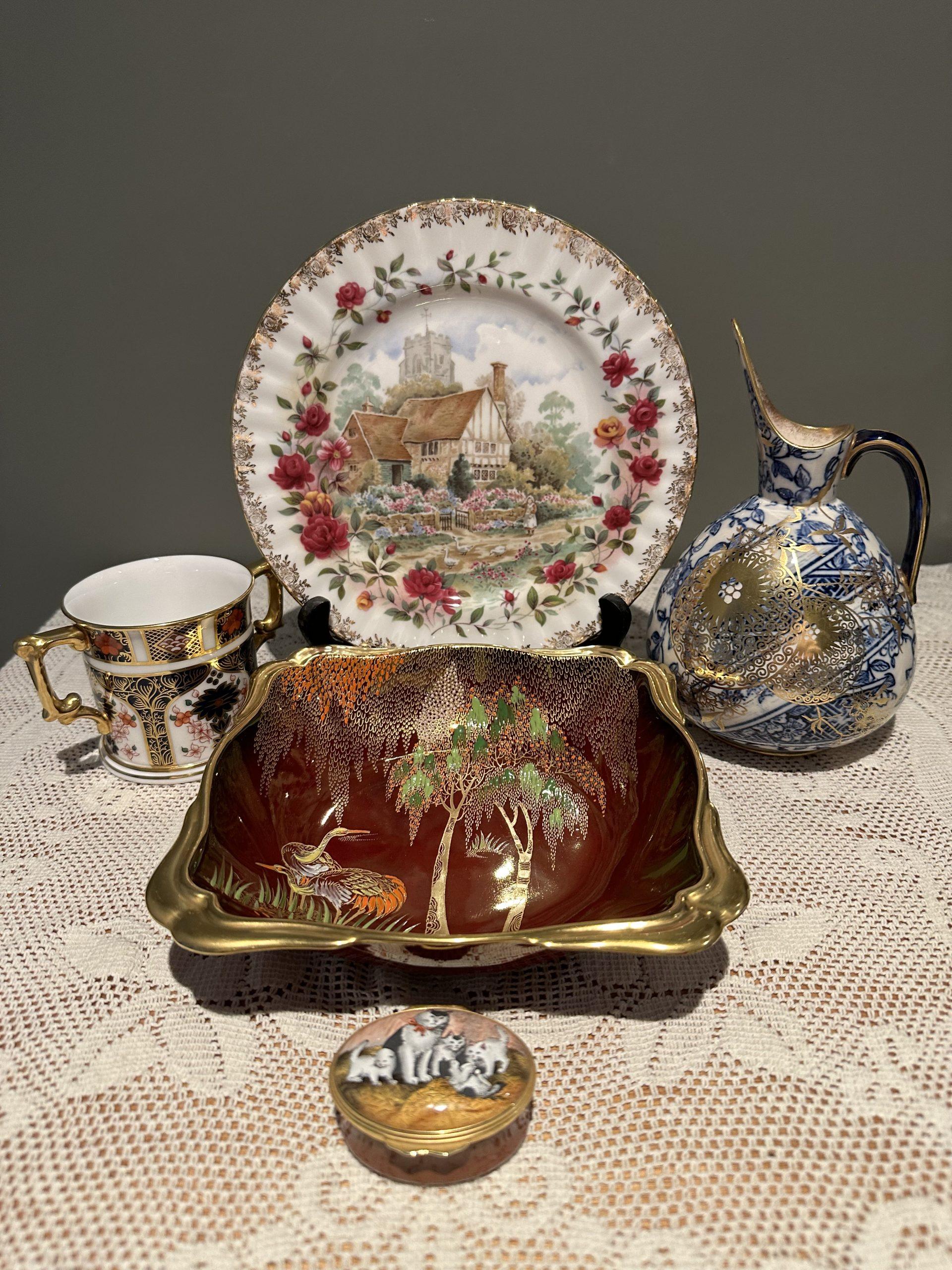 Sneak Peek For The Week – Halcyon Days Trinket Box, Royal Crown Derby Loving Cup, Carlton Ware Rouge Royale Storks Bowl, Royal Albert Summer Plate, Antique Doulton Sparrow Beak Jug
