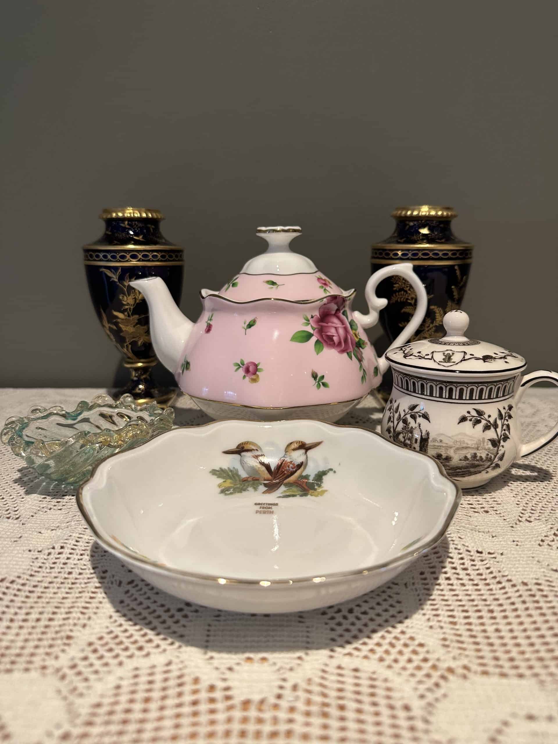 Sneak Peek For The Week – Royal Albert Tea For One, Bohemian Souvenir Butter Dish, Royal Crown Derby Cobalt Blue Vases, Murano Glass Salt, Wedgwood Frog Service Reproduction Ice Cup / Mustard Pot