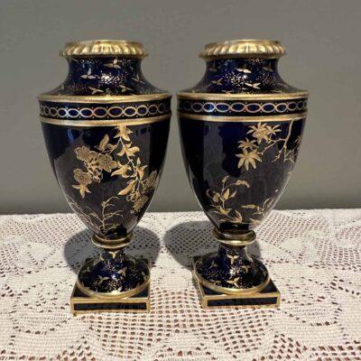 Antique Royal Crown Derby Pair Of Cobalt Blue Vases With Raised Gilding c1900