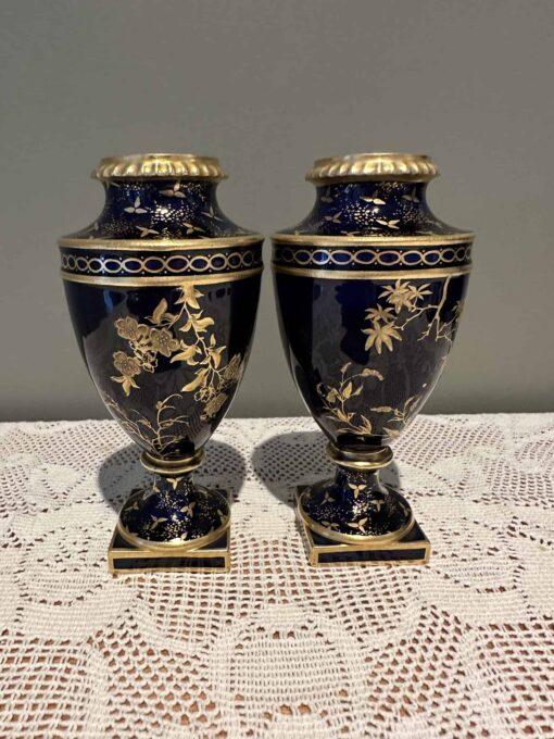 Antique Royal Crown Derby Pair Of Cobalt Blue Vases With Raised Gilding c1900