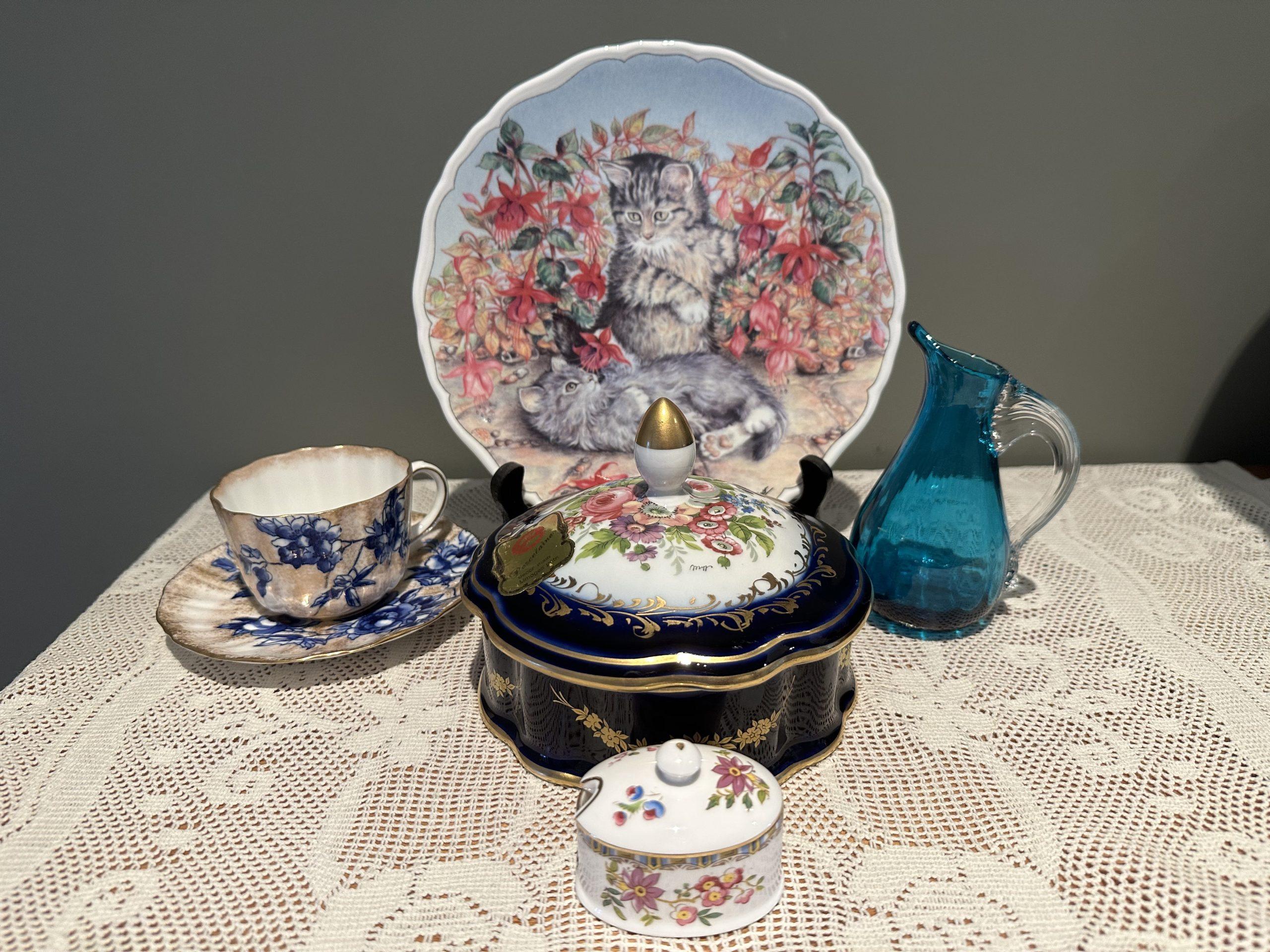 Sneak Peek For The Week – Antique Royal Doulton Cup And Saucer, Royal Grafton Malvern Mustard Pot, Large Limoges Floral Trinket Or Powder Bowl, Whitefriars Kingfisher Blue Sparrow Beak Jug, Royal Albert Kitten Display Plate