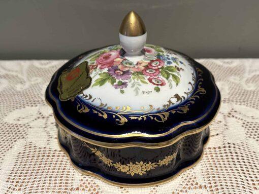 Large Limoges Cobalt Blue Floral Lidded Trinket Or Powder Bowl