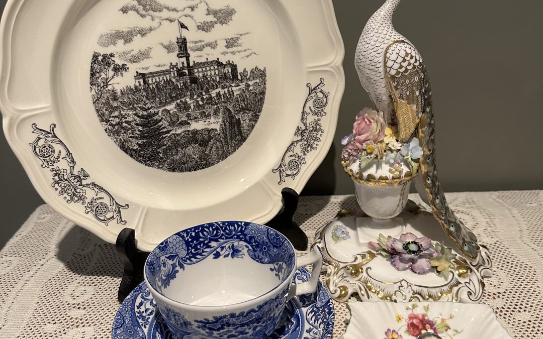 Sneak Peek For The Week – Wedgwood Limited Edition Melbourne Display Plate, Royal Crown Derby Tall Peacock Figurine, Spode Italian Cup And Saucer, Shelley Butter Dish, Francesca Hand Painted Shakespeare Thimble