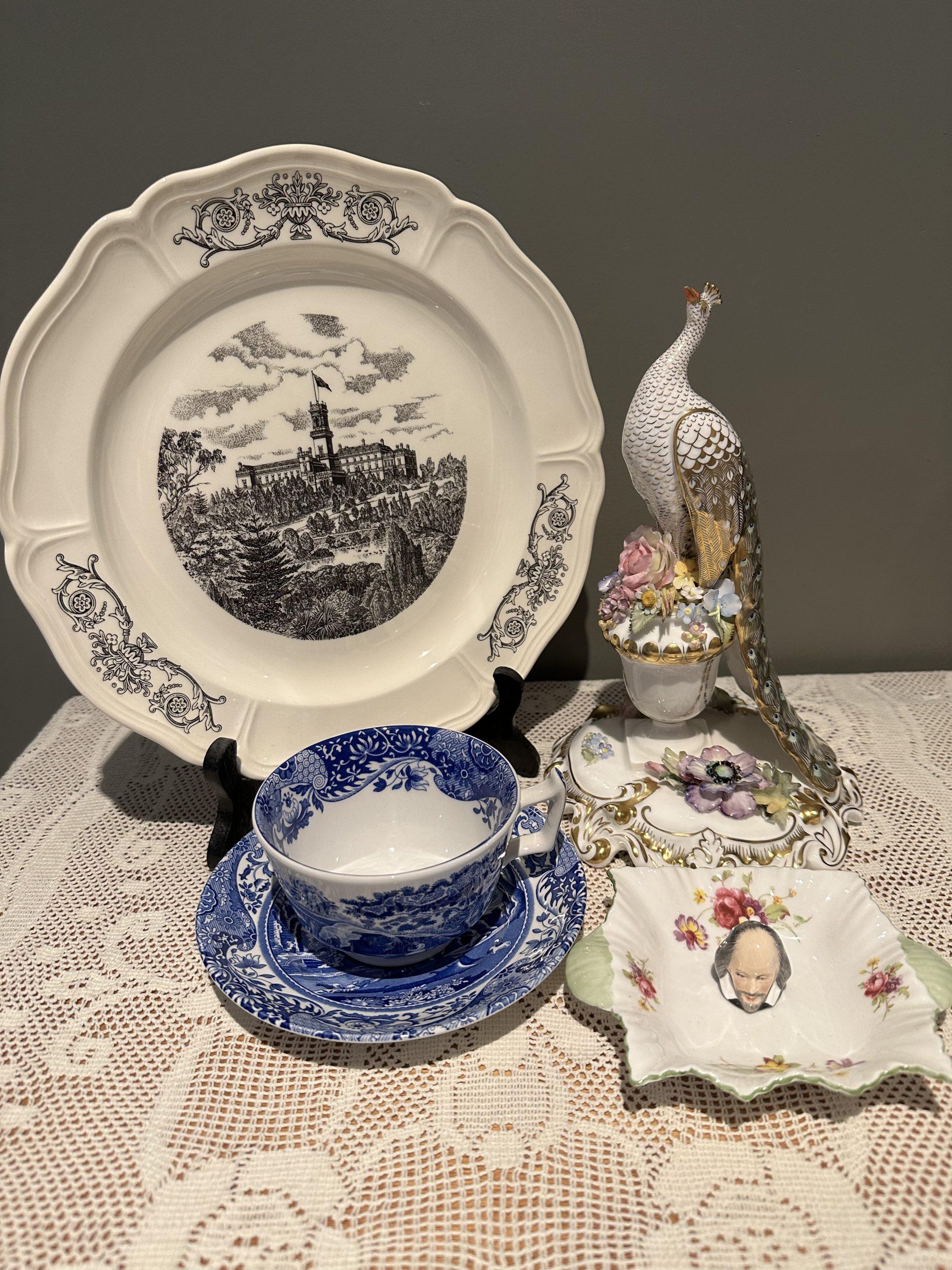 Sneak Peek For The Week – Wedgwood Limited Edition Melbourne Display Plate, Royal Crown Derby Tall Peacock Figurine, Spode Italian Cup And Saucer, Shelley Butter Dish, Francesca Hand Painted Shakespeare Thimble