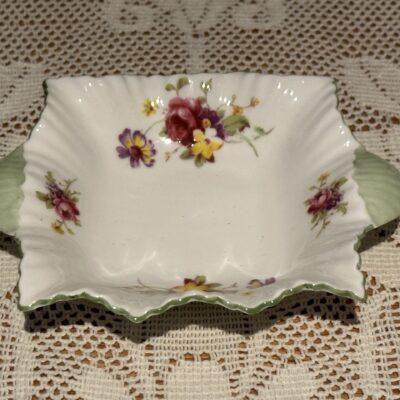 Shelley Bone China Fluted Floral Butter Dish With Green Trim