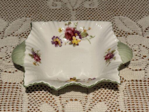 Shelley Bone China Fluted Floral Butter Dish With Green Trim