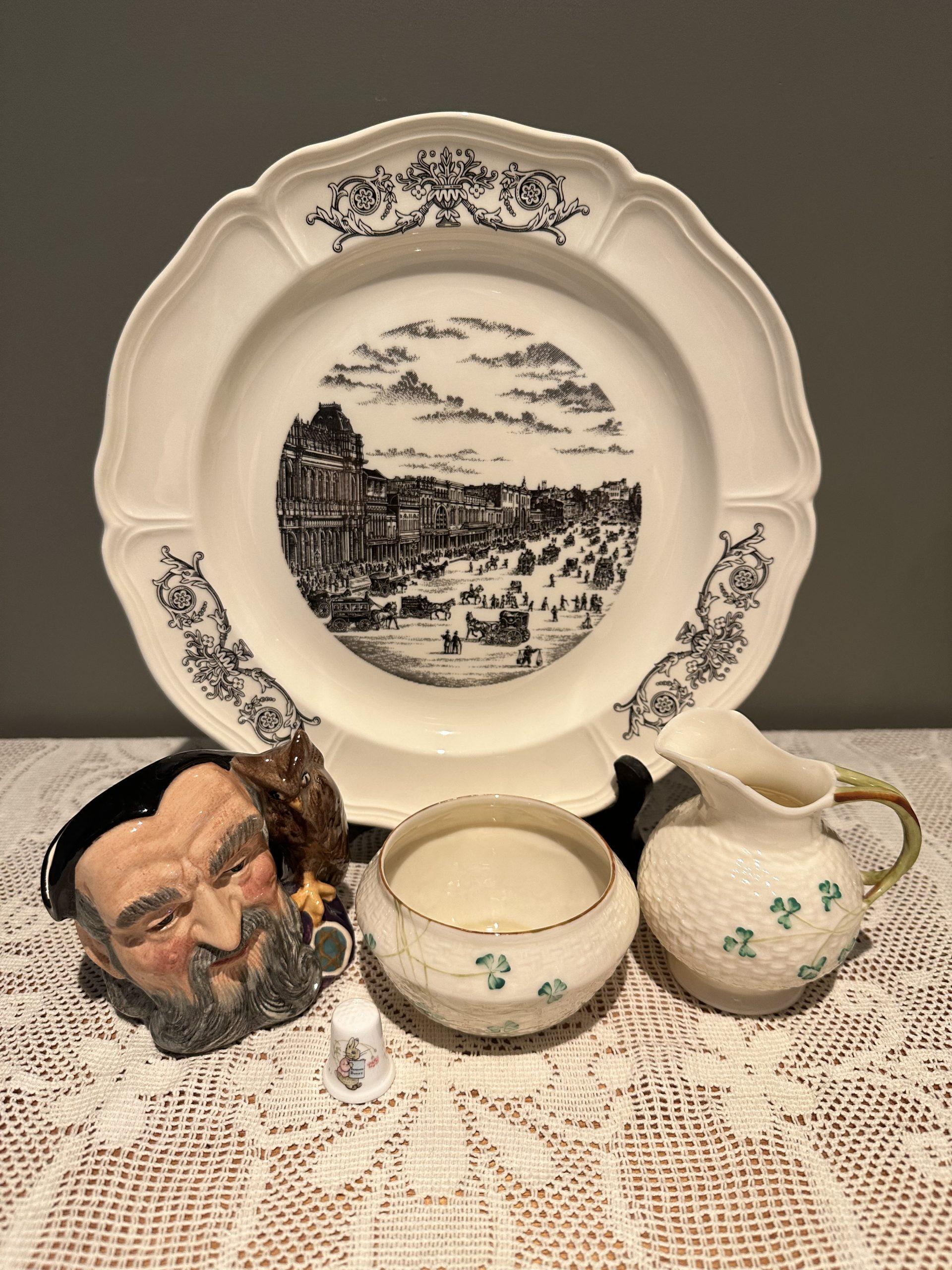 Sneak Peek For The Week – Another Wedgwood Melbourne Series Plate, Wedgwood Peter Rabbit Thimble, Royal Doulton Merlin Small Character Jug, Belleek Shamrock Pattern Sugar And Creamer