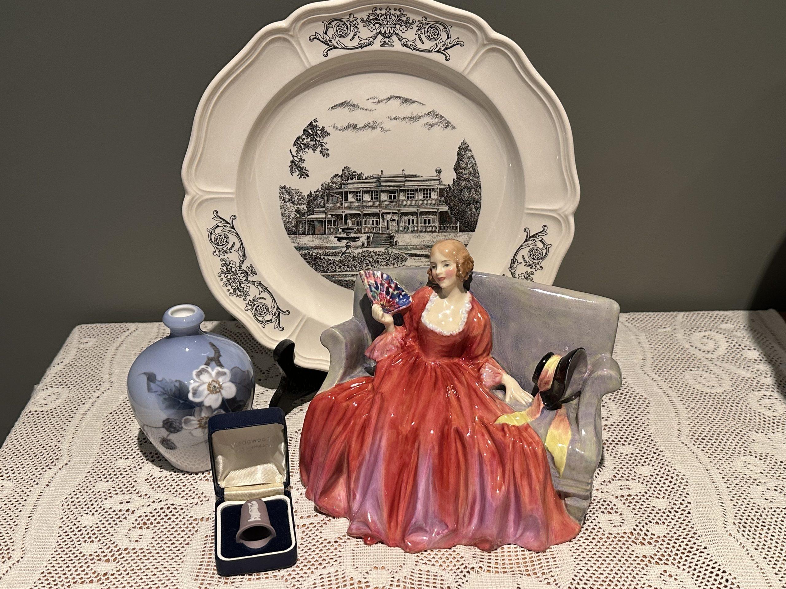 Sneak Peek For The Week – Another Wedgwood Melbourne Series Plate, Wedgwood Lilac Jasperware Thimble, Royal Copenhagen Vase, Royal Doulton Sweet And Twenty Large Figurine
