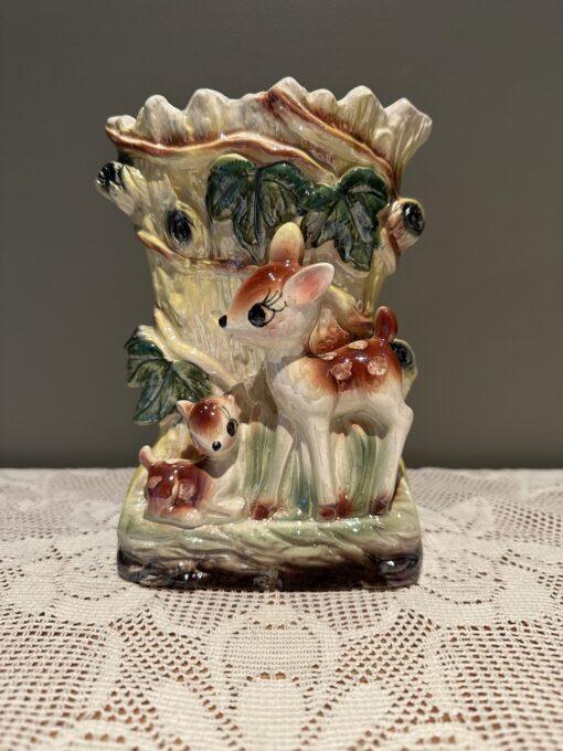 Mid Century Modern Large Bambi / Doe And Fawn Lustre Vase