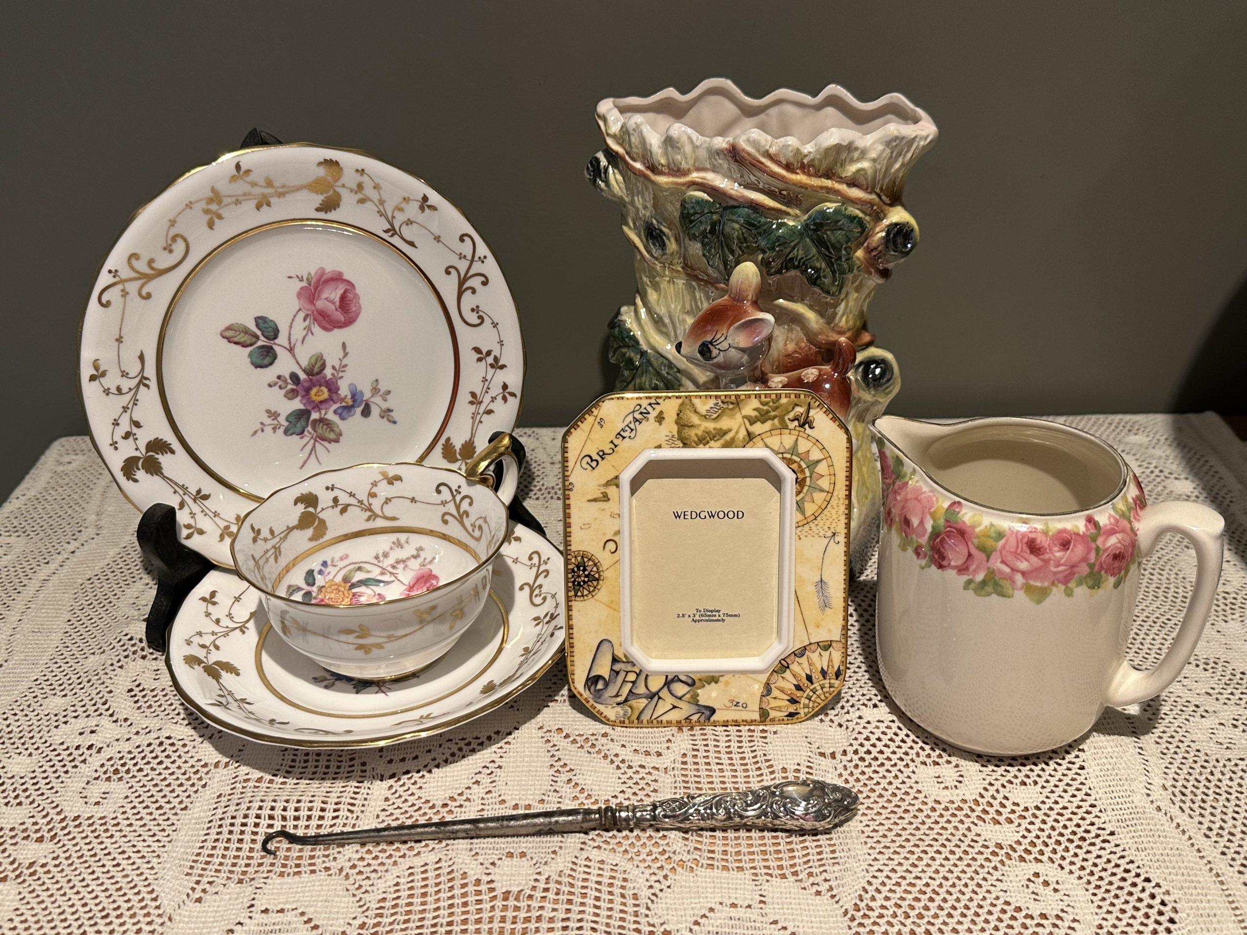 Sneak Peek For The Week – Wedgwood Atlas Photo Frame, Sterling Silver Button Hook, Antique Spode Trio, Royal Doulton Raby Roses Milk Jug, MCM Bambi or Doe And Fawn Lustre Vase