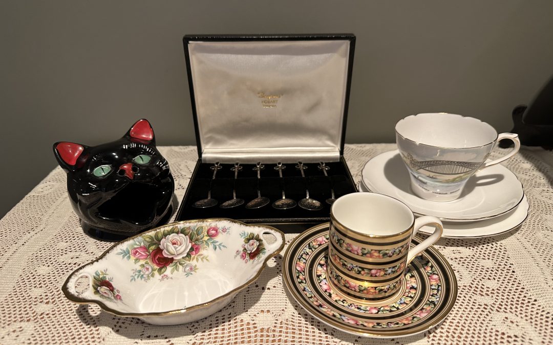 Sneak Peek For The Week – Wembley Black Cat Ashtray, Sargisons Of Hobart Sterling Spoons, Shelley Souvenir Trio, Wedgwood Clio Demitasse Duo, Royal Albert Celebration Relish Dish