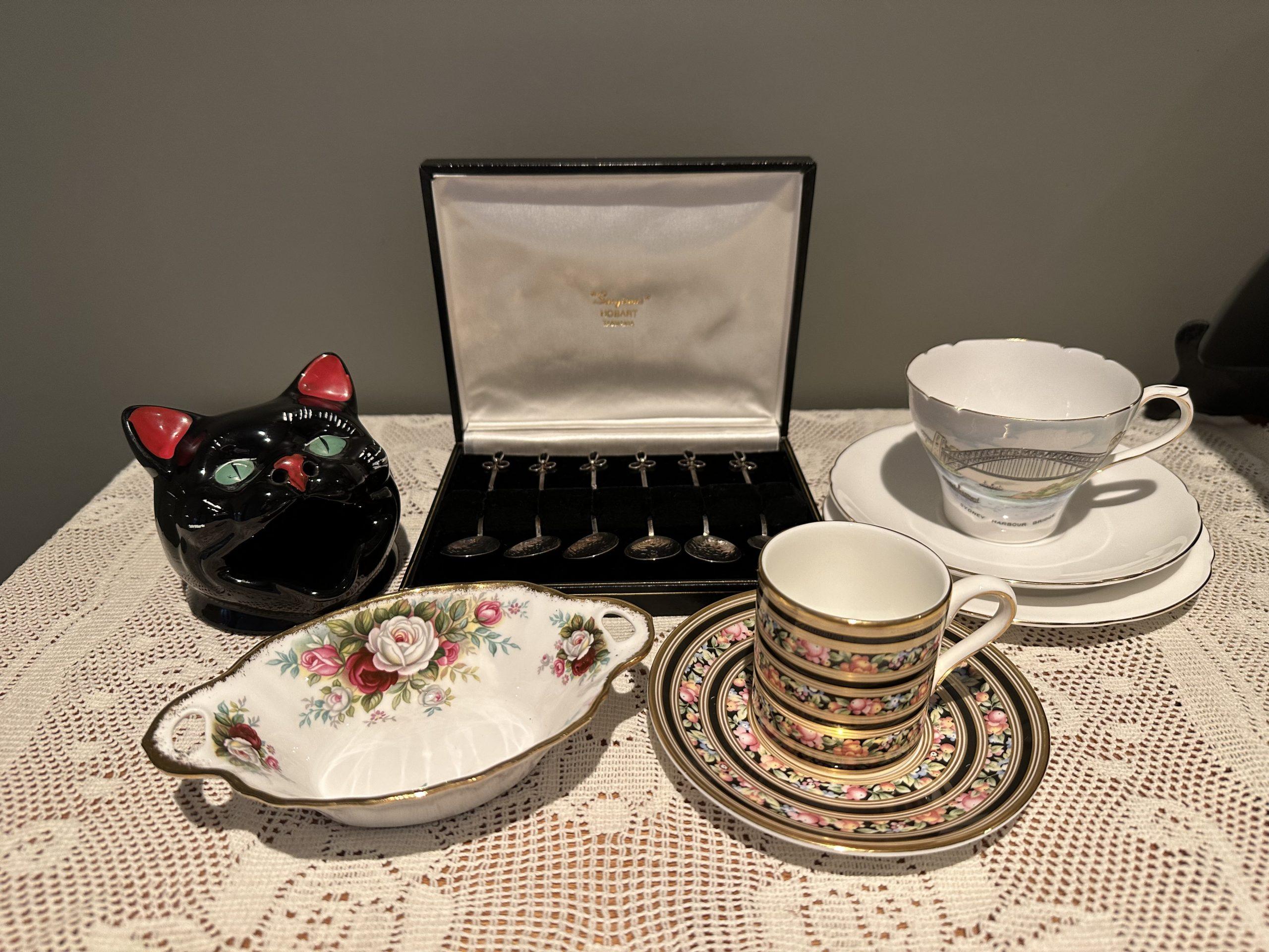 Sneak Peek For The Week – Wembley Black Cat Ashtray, Sargisons Of Hobart Sterling Spoons, Shelley Souvenir Trio, Wedgwood Clio Demitasse Duo, Royal Albert Celebration Relish Dish