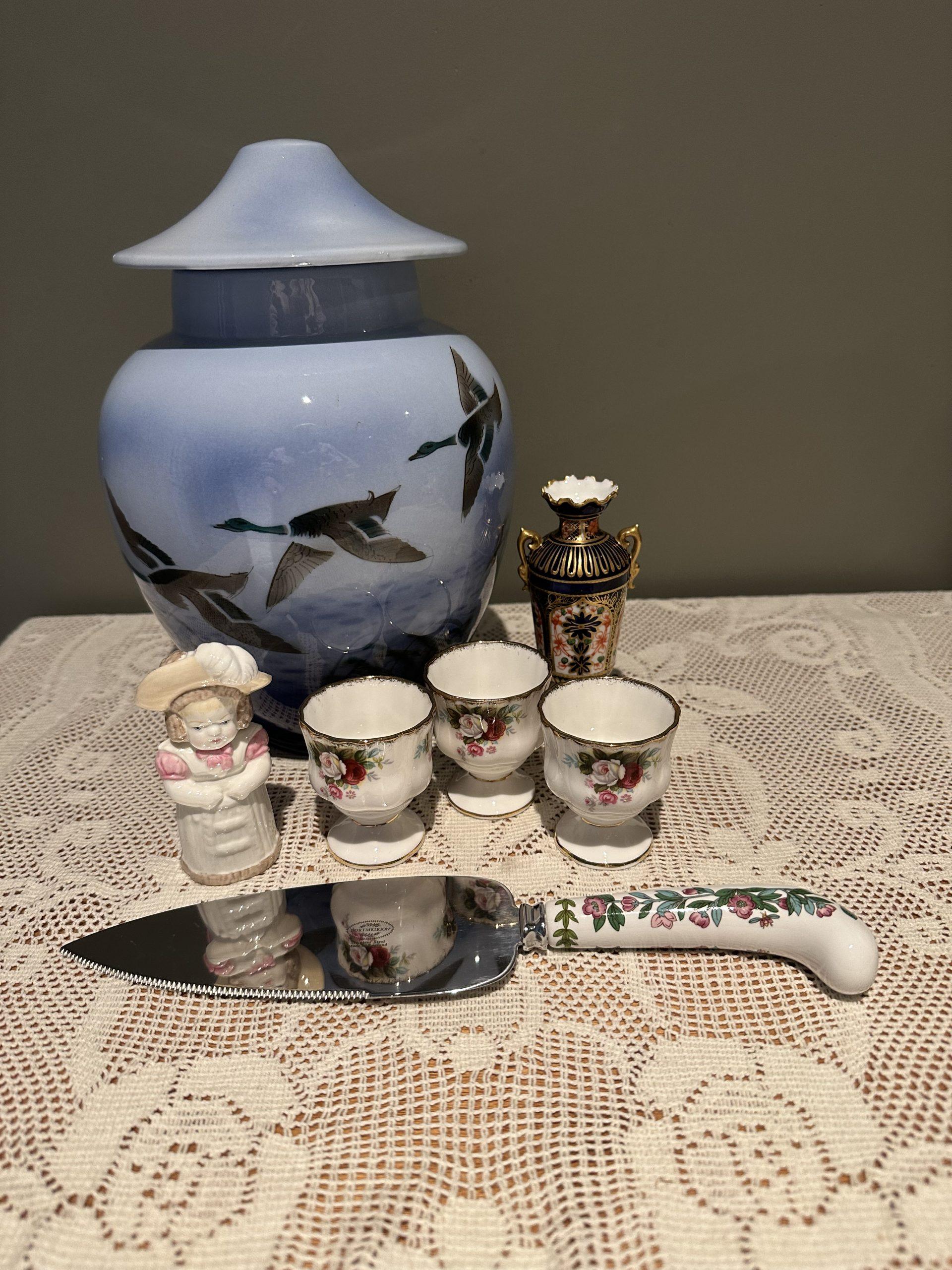Sneak Peek For The Week – Falcon Ware Large Lidded Urn, Royal Worcester Candle Snuffer, Royal Crown Derby Miniature Vase, Portmeirion Pie Or Cake Slice And Serve, Royal Albert Egg Cups